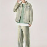 kkboxly kkboxly  Men's Outfit Set, Lapel Long Sleeve Vintage Style Denim Jacket And Pants, 2-piece Set For City Walk Street Hanging Outdoor Activities