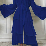 kkboxly  Layered Open Front Abaya, Long Sleeve Dress With Belted , Without Hijab, Women's Clothing