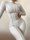 Solid High Collar Long Sleeve Jumpsuit, Casual Skinny Long Length Stylish Jumpsuit, Women's Clothing
