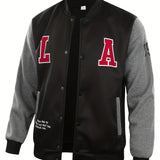 kkboxly  "LA" Print Varsity Jacket, Men's Casual Color Block Button Up Jacket For Spring Fall School Baseball