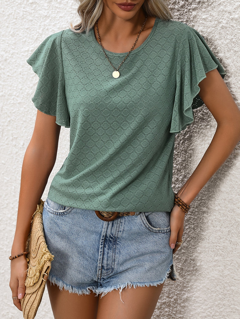 kkboxly  Eyelet Crew Neck T-Shirt, Casual Ruffle Sleeve Top For Spring & Summer, Women's Clothing