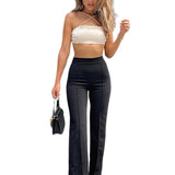 kkboxly  Solid High Waist Elastic Long Length Pants, Slim Stylish Elegant Wide Leg Pants, Women's Clothing