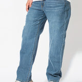 kkboxly  Plus Size Men's Mid Rise Light Indigo Straight Leg Stretch Comfortable Fit Jeans, Casual Trendy Oversized Long Pants