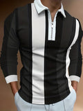 kkboxly  Men's Stripe Long Sleeve Zip Polo Shirt, Men's Clothing