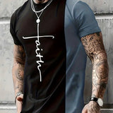 2025 kkboxly  Men's Faith Print Color Block T-Shirt - Stretchy Graphic Tee for Summer Casual Style