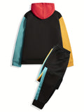 kkboxly  Men's Color Block Suit,  Drawstring And Pocket Hoodie And Sports Trousers