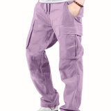Cotton Solid Multi Flap Pockets Men's Straight Leg Cargo Pants, Loose Casual Outdoor Pants, Men's Work Pants For Hiking Fishing Angling