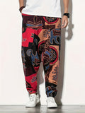 kkboxly  Cotton & Linen Blend Men's Drawstring Harem Pants Beach Pant Bohemian Pattern Casual Baggy Pants Streetwear Hiphop Rapper Style