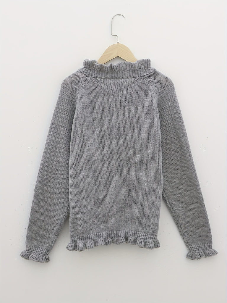 kkboxly  Solid V Neck Button Ruffle Hem Pullover Sweater, Casual Long Sleeve Sweater For Fall & Winter, Women's Clothing