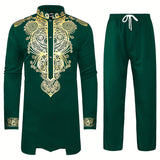 kkboxly  Men's African 2 Piece Set Long Sleeve Gold Print Dashiki And Pants Outfit Traditional Suit