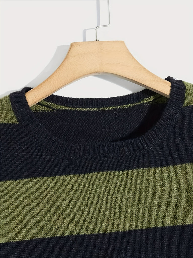 kkboxly  All Match Knitted Stripe Pattern Sweater, Men's Casual Warm Slightly Stretch Round Neck Pullover Sweater For Fall Winter
