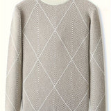 Men's Trendy Argyle Pattern Knitted Pullover, Casual Slightly Stretch Breathable Sweater For Outdoor