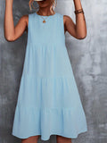 kkboxly  Round Neck Loose Big Swing Splicing Cake Dress, Casual Solid Color Sleeveless Waist Summer Dresses, Women's Clothing