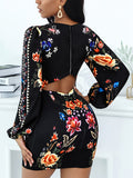 kkboxly  Floral Print Bodycon Dress, Vintage Back Cut Out Crew Neck Long Sleeve Dress, Women's Clothing
