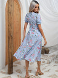 kkboxly  Floral Print Sweetheart Neck Dress, Vacation Puff Sleeve Split High Waist Dress, Women's Clothing