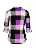 kkboxly  Plaid V Neck Blouse, Casual Long Sleeve Blouse For Spring & Fall, Women's Clothing