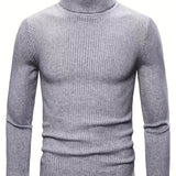 kkboxly Turtle Neck Knitted Slim Fit Sweater, Men's Casual Warm Solid High Stretch Pullover Sweater For Fall Winter