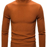 kkboxly Turtle Neck Knitted Slim Fit Sweater, Men's Casual Warm Solid High Stretch Pullover Sweater For Fall Winter