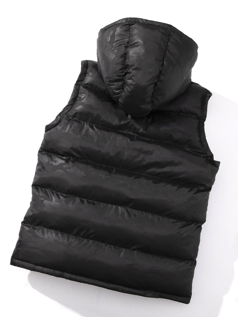 kkboxly Men's Black Thick Hooded Casual Puffer Vest, Classic Zip Up Sleeveless Padded Outerwear For Winter Men's Clothes Winter
