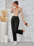 kkboxly  Stepped Waist Plain Straight Leg Jeans, Casual Slash Pocket Asymmetric Denim Pants, Women's Denim Jeans & Clothing
