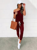 kkboxly  Solid Slanted Shoulder Jumpsuit, Casual Short Sleeve Drawstring Long Length Jumpsuit, Women's Clothing