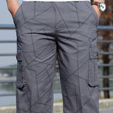 Geometric Pattern Cotton Cargo Shorts, Men's Casual Multi Pocket Waist Drawstring Cargo Shorts For Summer Outdoor