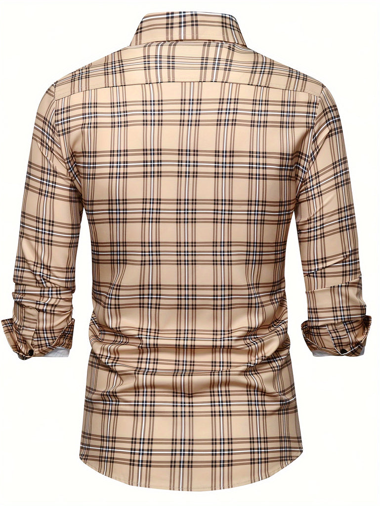 kkboxly  Classic Plaid Pattern Men's Slim Fit Long Sleeve Button Up Shirt, Male Spring Fall Fashion Top