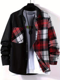 Men's Casual Cotton Stitch Plaid Button Up Shirt With Chest Pocket, Male Clothes For Spring And Fall