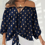 kkboxly  Plus Size Elegant Top, Women's Plus Sunflower Print Off Shoulder Drawstring Lantern Sleeve Cut Out Top
