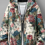 kkboxly  Men's Floral Print Hooded Jacket, Casual Trendy Zip Uo Hoodie For Spring Fall
