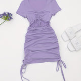 kkboxly  Kpop Drawstring Cut Out Bodycon Dress, Sexy Short Sleeve Ruched Dress For Summer, Women's Clothing