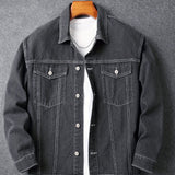 kkboxly Men's Trendy White Line Double Pocket Loose Denim Jacket