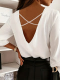 kkboxly  Faux Pearl Back Cross V Neck Blouse, Casual Long Sleeve Blouse For Spring & Fall, Women's Clothing