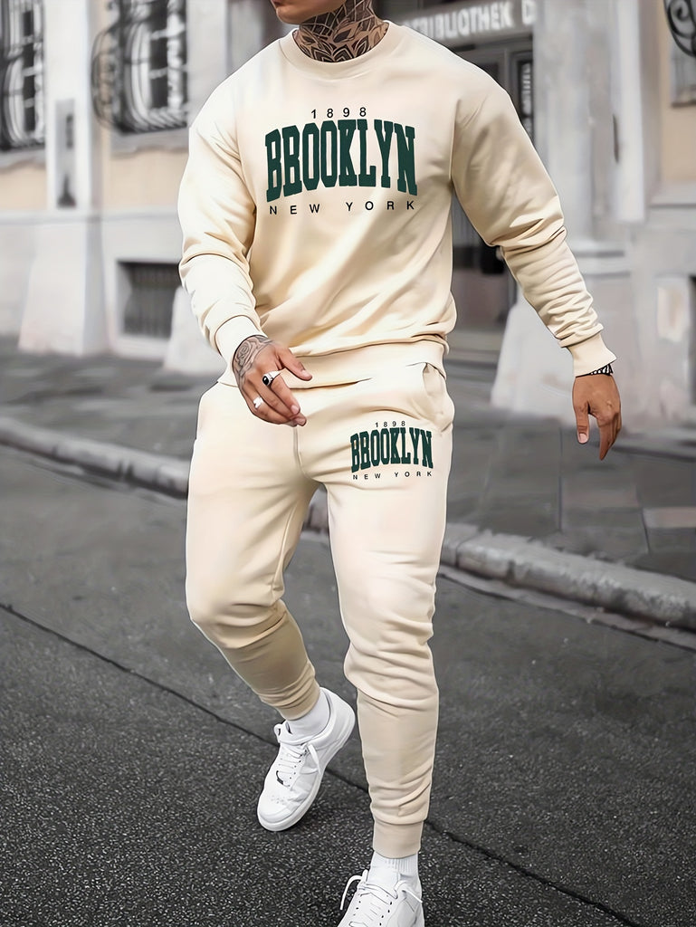 kkboxly  BROOKLYN Print, Men's 2Pcs Outfits, Casual Crew Neck Long Sleeve Pullover Sweatshirt And Drawstring Sweatpants Joggers Set For Spring Fall, Men's Clothing