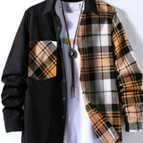 Men's Casual Cotton Stitch Plaid Button Up Shirt With Chest Pocket, Male Clothes For Spring And Fall