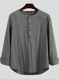 kkboxly  Cotton Linen Tops, Men's Plus Size Loose Casual Streetwear With Pocket, Simple All-match Solid O-Neck Long Sleeve Shirts