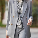 Solid Double Breasted Blazer, Casual Long Sleeve Lapel Blazer For Work, Women's Clothing