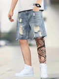 kkboxly  Chic Loose Fit Ripped Denim Shorts, Men's Casual Street Style Distressed Denim Shorts For Summer