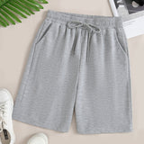kkboxly  Women's Casual Drawstring Sports Shorts, Solid Color Elastic Waist Fashion Shorts
