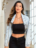 Blue Studded Decor Denim Jackets, Long Sleeves Non-Stretch Lapel Cropped Denim Coats, Women's Denim Clothing