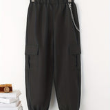 Boys Casual Cargo Pants With Chain Decor, Elastic Waist Jogger Pants With Pocket, Kids Clothing