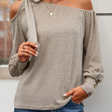 kkboxly  Solid Color Off Shoulder Long Sleeve With Buttons Tops, Sexy Blouses For Fall Winter, Women's Clothing