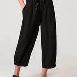 kkboxly  Plus Size Casual Pants, Women's Plus Solid Drawstring Straight Leg Pants With Pockets