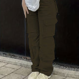 kkboxly  Plain High Rise Cargo Denim Pants, Loose Solid Color Retro Cargo Jeans, Street Casual Style, Women's Denim Jeans & Clothing