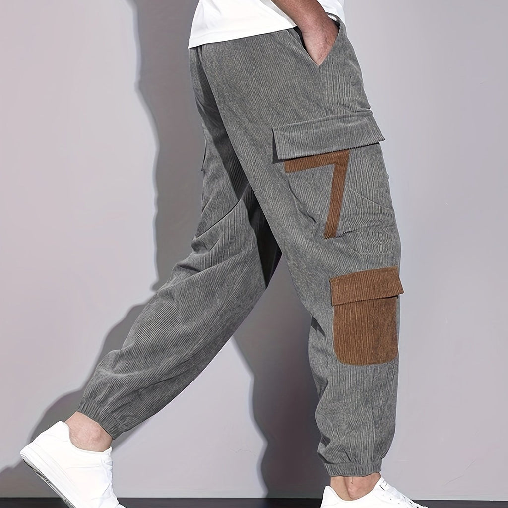 kkboxly  Trendy Corduroy Cargo Drawstring Pants, Men's Multi Flap Pocket Trousers, Loose Casual Outdoor Pants, Men's Work Pants Outdoors Streetwear Hip Hop Style