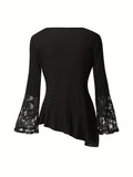 Solid Contrast Lace Crew Neck Asymmetrical Hem T-shirt, Elegant Long Flare Sleeve T-shirt, Women's Clothing