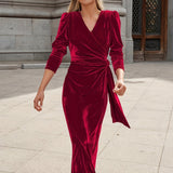kkboxly  Solid V-neck Velvet Slim Dress, Elegant Dress For Party & Banquet, Women's Clothing