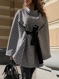 kkboxly  Houndstooth Print Cape Top, Casual Tie Front Loose Outerwear, Women's Clothing