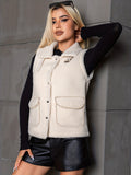 kkboxly  Button Front Sleeveless Plush Jacket, Casual Dual Pockets Jacket For Fall & Winter, Women's Clothing