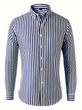 Men's Formal Classic Design Vertical Striped Button Up Shirt, Male Clothes For Spring And Fall Business Occasion